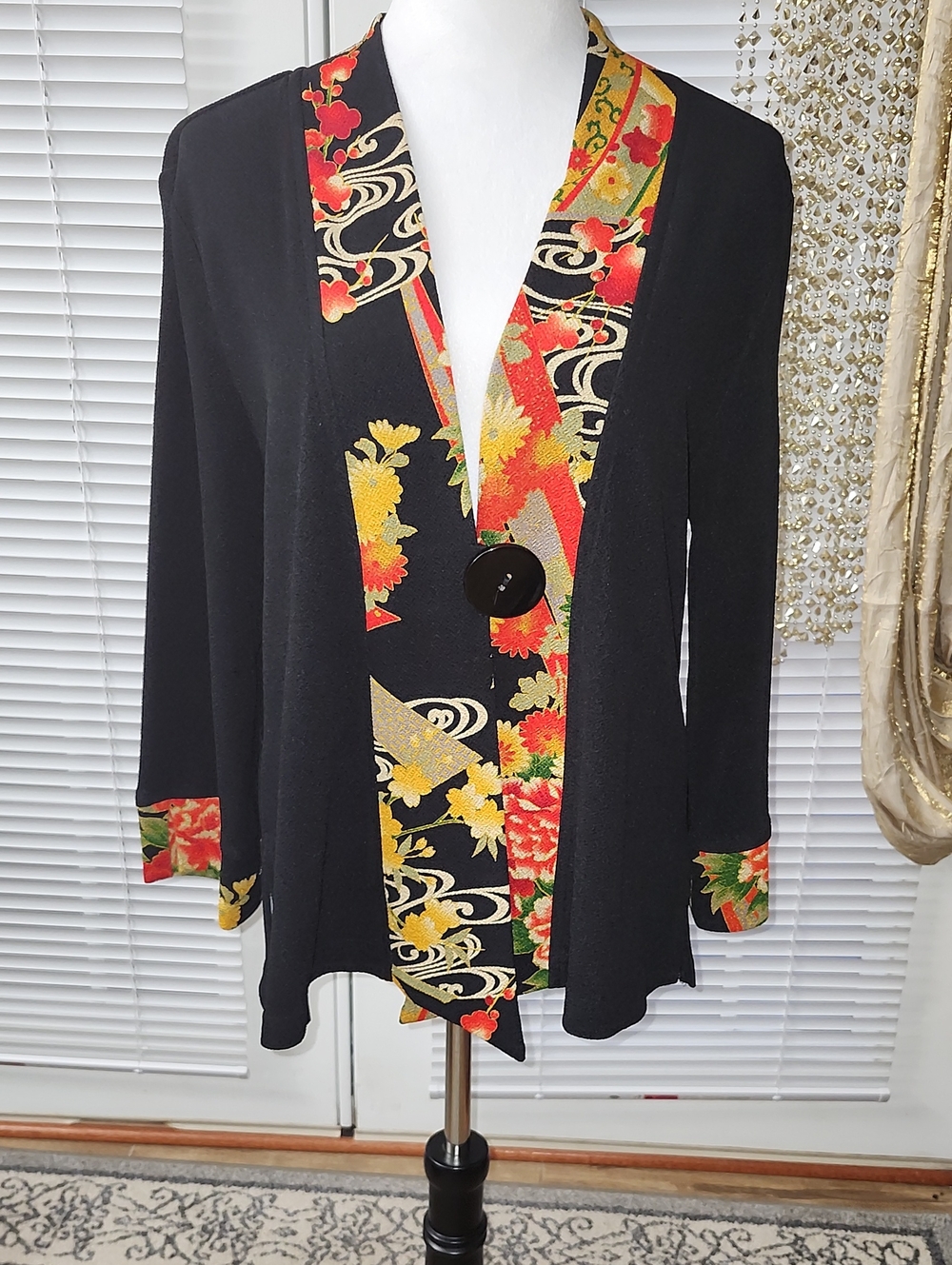 Soft Surroundings Black Jacket with Red and Yellow Floral Trim
